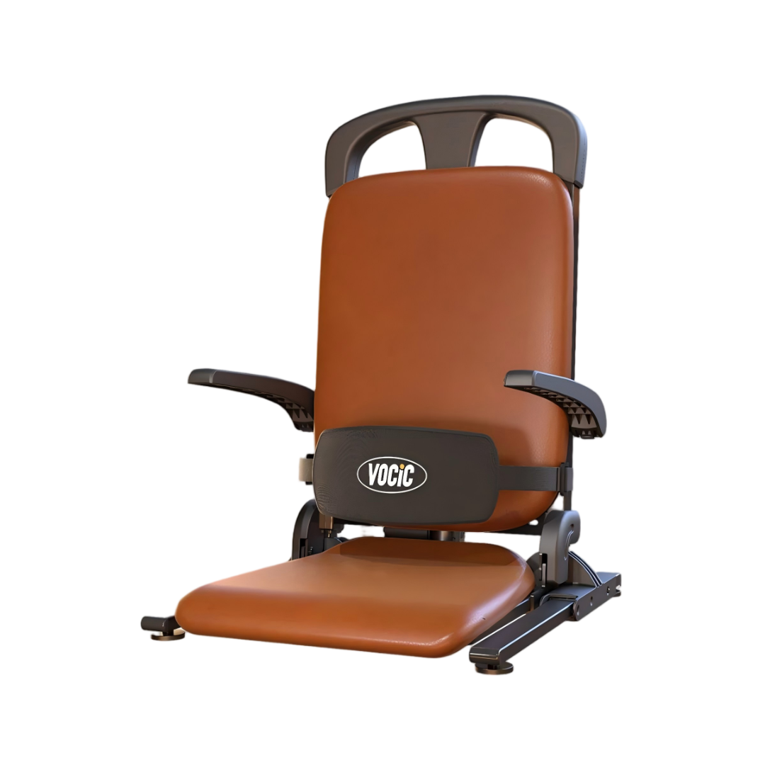 A Pro Sit-to-Stand Portable Bariatric Patient Lift Chair | VOCIC AX15, featuring a brown padded seat with armrests, a backrest, and a foldable design—emblazoned with the VOCIC logo on the front—is photographed against a plain white background.