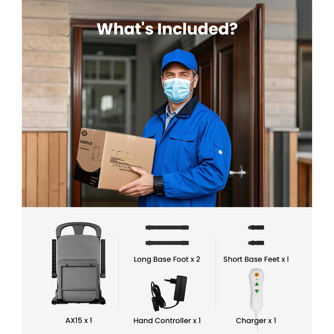 A delivery person in a blue uniform and mask hands over a box at the door. Below, the product components for the Pro Sit-to-Stand Portable Bariatric Patient Lift Chair | VOCIC AX15 are listed and shown: chair base, long and short base feet, hand controller for the AX15 Pro Sit-to-Stand Lift Chair, and charger.