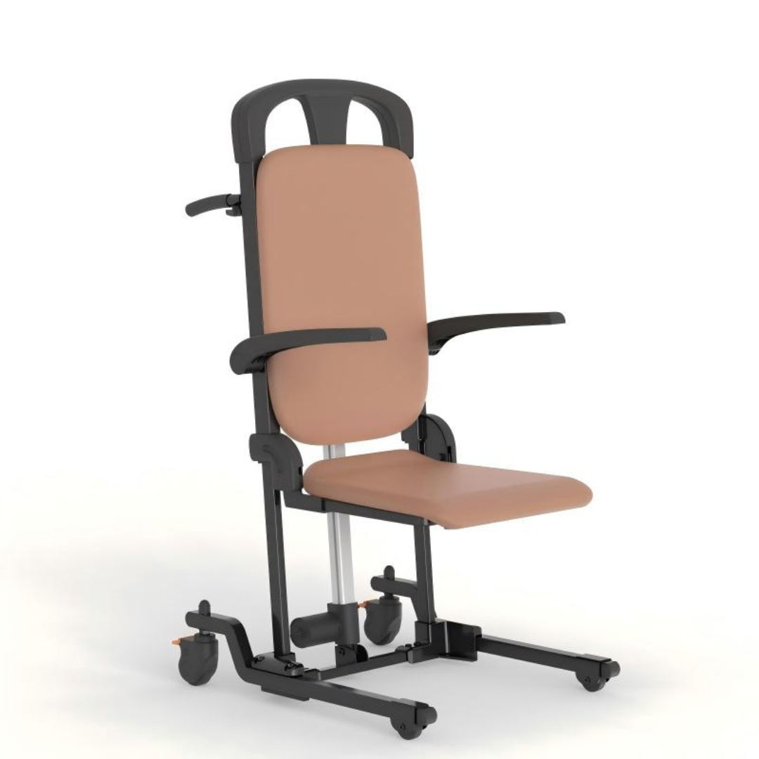 A modern medical transport chair with a tan padded seat and backrest, black frame, armrests, small wheels, and a headrest—designed for patient mobility and comfort—this model pairs effortlessly with solutions like the Pro Sit-to-Stand Portable Bariatric Patient Lift Chair | VOCIC AX15 to further enhance safety and ease of transfer.