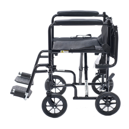 The Proactive Medical Astra Aluminum Transport Chair is a lightweight, foldable black wheelchair with footrests, armrests, and large rear wheels, shown from the side on a white background.