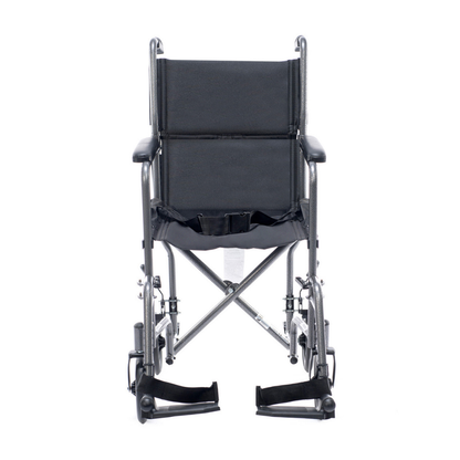 The Proactive Medical Astra Steel Transport Chair, shown from the back with its seat, armrests, footrests, and sturdy black metal frame, is a practical mobility solution on a white background.