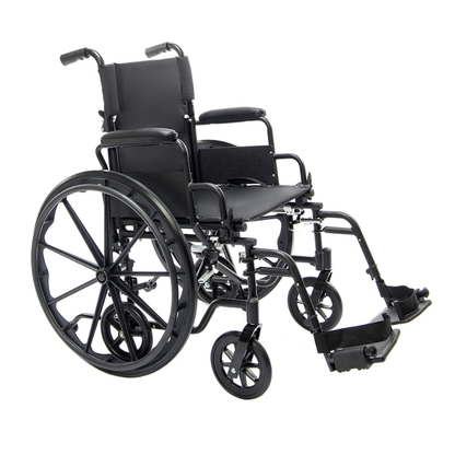 The Protekt Cambria™ Transport/Wheelchair Combo, shown in black with large rear wheels, small front wheels, armrests, and footrests against a white background, offers a portable mobility solution.