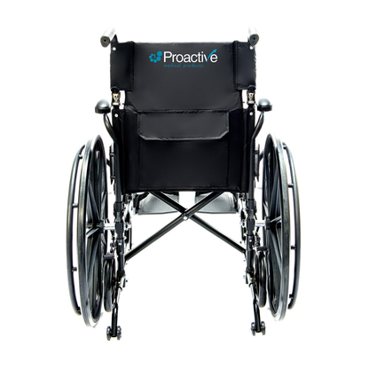 A black Protekt Cambria™ Transport/Wheelchair Combo, photographed from the back, features large rear wheels and the Proactive Medical Products logo—a reliable, lightweight wheelchair and transport chair in one.