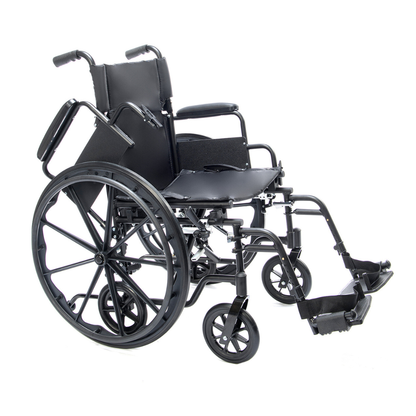 The Protekt Cambria™ Transport/Wheelchair Combo is a black, lightweight convertible wheelchair with large rear wheels, small front wheels, armrests, and footrests, offering portable mobility. Shown on a white background.