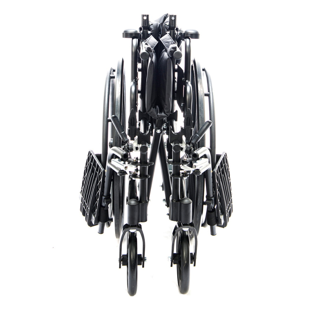 The Protekt Cambria™ Transport/Wheelchair Combo, in black, is a lightweight convertible wheelchair shown folded from the front with visible footrests, wheels, and handles—offering a versatile and portable mobility solution.