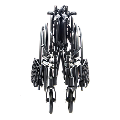 The Protekt Cambria™ Transport/Wheelchair Combo, in black, is a lightweight convertible wheelchair shown folded from the front with visible footrests, wheels, and handles—offering a versatile and portable mobility solution.