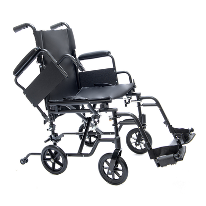 The Protekt Cambria™ Transport/Wheelchair Combo, shown on a white background, is a black lightweight wheelchair featuring foldable footrests, padded armrests, and push handles for easy portability.