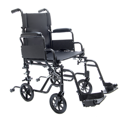 The Protekt Cambria™ Transport/Wheelchair Combo is a high-strength, lightweight chair with four small wheels, footrests, armrests, and push handles, shown on a white background.