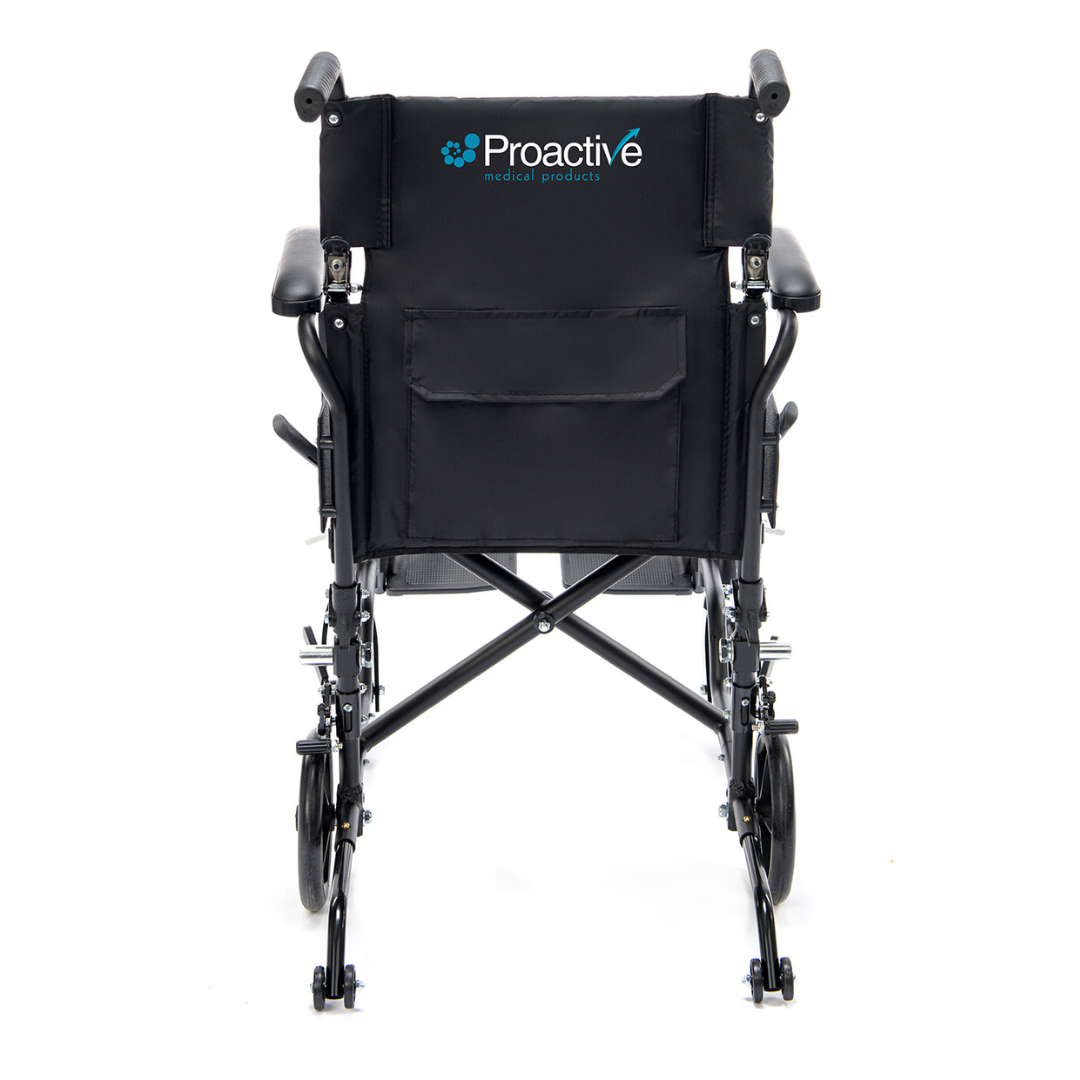 Rear view of a black Protekt Cambria™ Transport/Wheelchair Combo, featuring high-strength lightweight design, Proactive Medical Products branding on the backrest, visible armrests, wheels, and a storage pocket at the back.