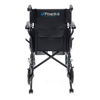 Rear view of a black Protekt Cambria™ Transport/Wheelchair Combo, featuring high-strength lightweight design, Proactive Medical Products branding on the backrest, visible armrests, wheels, and a storage pocket at the back.