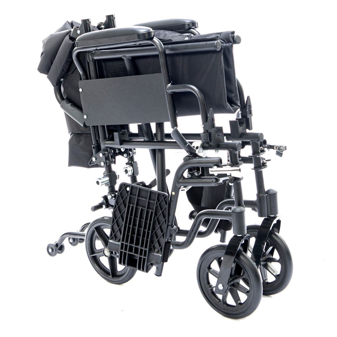 The Protekt Cambria™ Transport/Wheelchair Combo is a black, lightweight mobility aid with large rear wheels and small front wheels, shown upright for compact storage—an ideal portable solution.