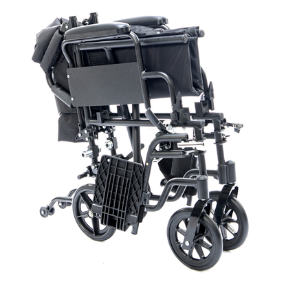 The Protekt Cambria™ Transport/Wheelchair Combo is a black, lightweight mobility aid with large rear wheels and small front wheels, shown upright for compact storage—an ideal portable solution.