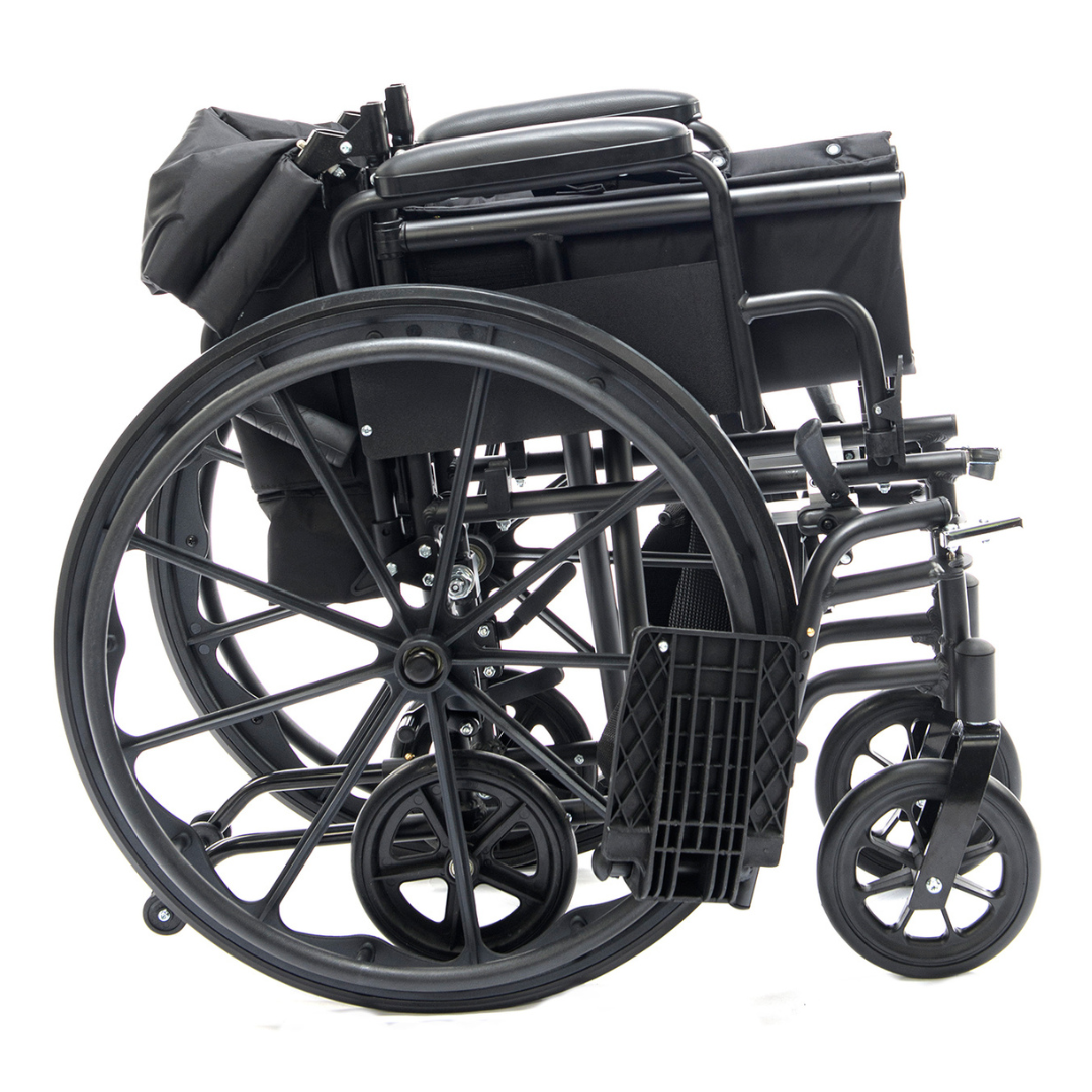 The Protekt Cambria™ Transport/Wheelchair Combo, shown folded for storage or travel, features large rear wheels, smaller front wheels, and compact footrests—an ideal portable mobility solution.