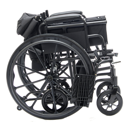 The Protekt Cambria™ Transport/Wheelchair Combo, shown folded for storage or travel, features large rear wheels, smaller front wheels, and compact footrests—an ideal portable mobility solution.