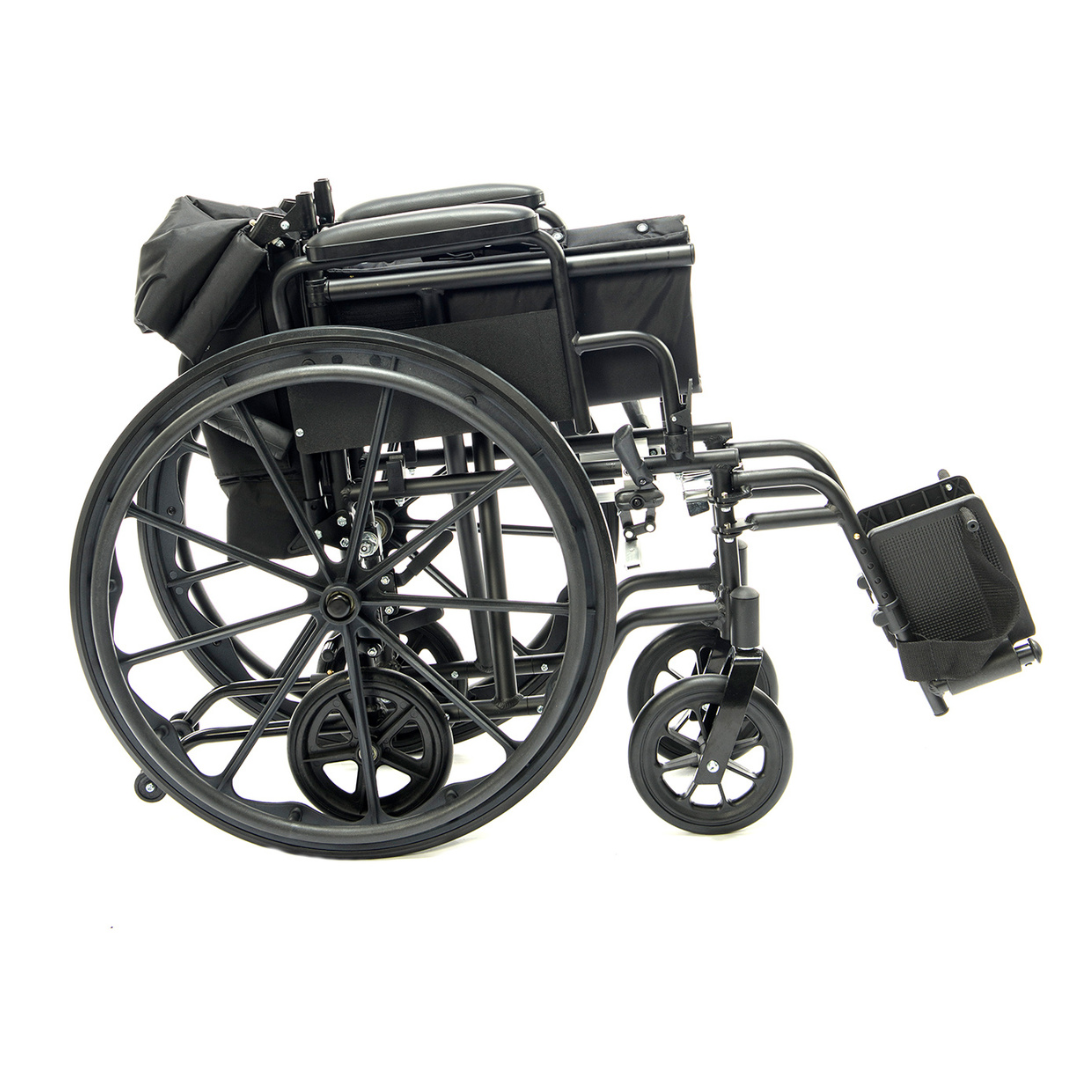 The Protekt Cambria™ Transport/Wheelchair Combo is a black, lightweight convertible wheelchair shown folded from the side on a white background, offering a portable mobility solution for easy transport.