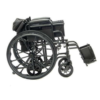The Protekt Cambria™ Transport/Wheelchair Combo is a black, lightweight convertible wheelchair shown folded from the side on a white background, offering a portable mobility solution for easy transport.