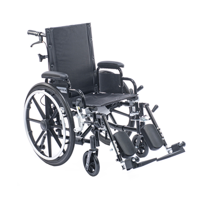 The Proactive Chariot IV XTC-RC Pediatric Folding Reclining Wheelchair features a black carbon steel frame, large rear wheels, small front casters, padded armrests, and elevated leg rests, displayed on a white background.