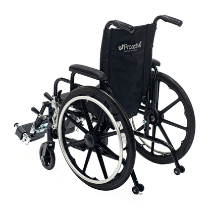 The Proactive Chariot IV XTC Pediatric Wheelchair features large rear wheels, small front casters, footrests, padded armrests, an adjustable back height for comfort, and a black backrest with the Proactive Medical Products logo.