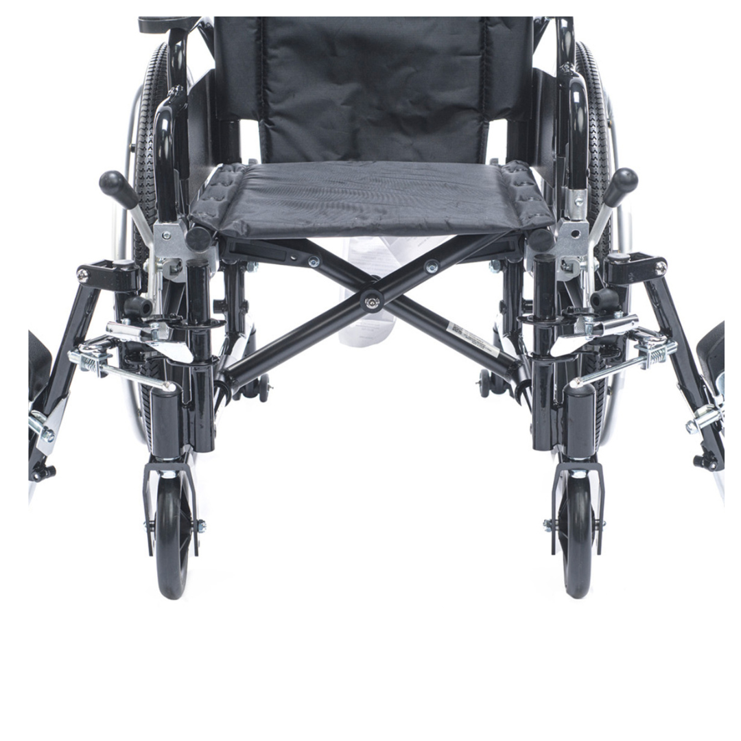 Front view of the Proactive Chariot IV XTC Pediatric Wheelchair in black, featuring footrests, large rear wheels, and an adjustable back height. Seat and frame details are clearly visible against a white background.
