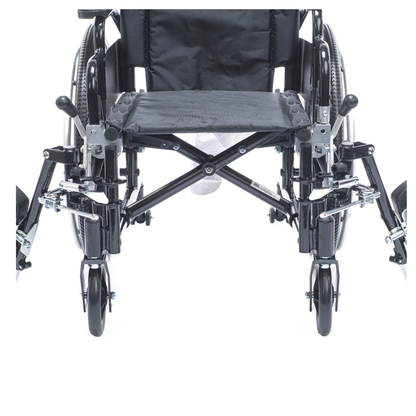 Front view of the Proactive Chariot IV XTC Pediatric Wheelchair in black, featuring footrests, large rear wheels, and an adjustable back height. Seat and frame details are clearly visible against a white background.