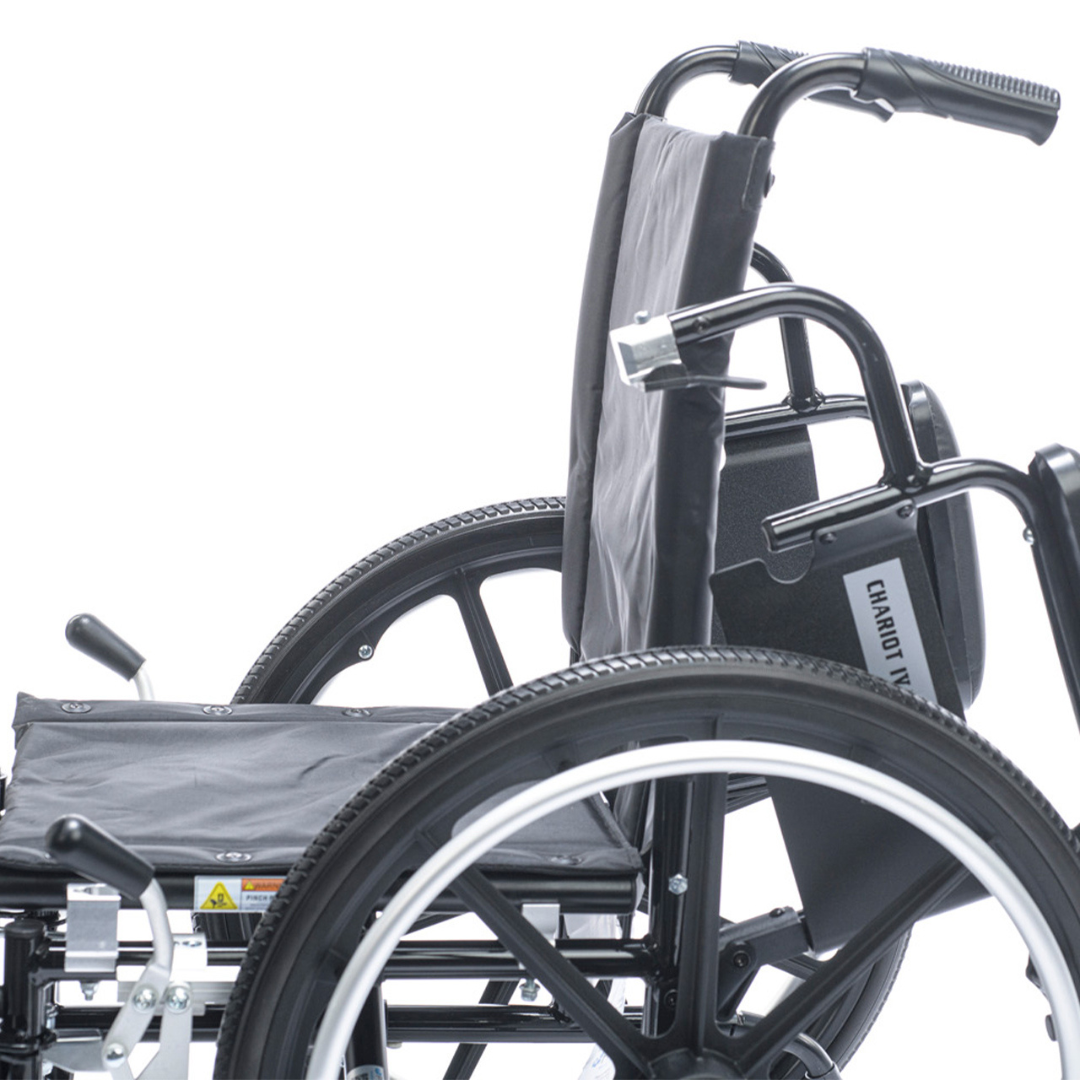 A close-up side view of the Proactive Chariot IV XTC Pediatric Wheelchair in black, highlighting its backrest, armrest, and large rear wheel with adjustable back height against a white background.