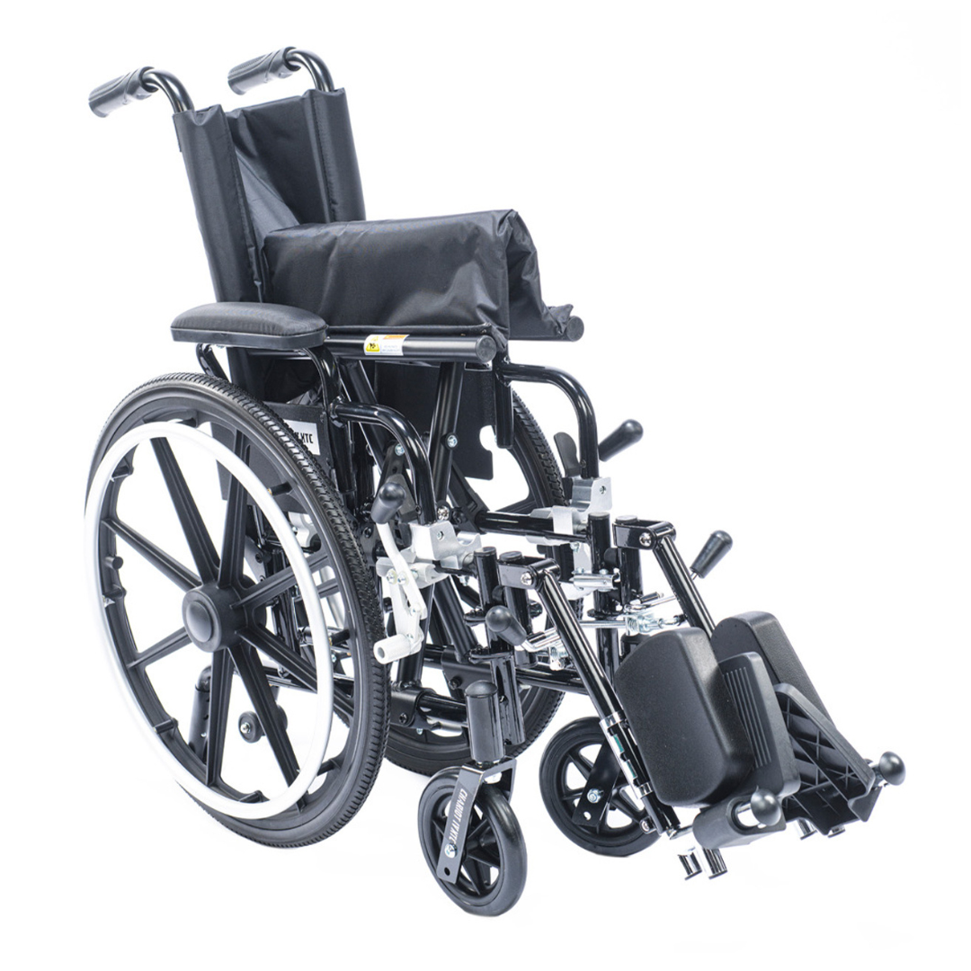 The Proactive Chariot IV XTC Pediatric Wheelchair, shown on a white background, features a black frame, large rear wheels, footrests, armrests, and padded seat and backrest. The wheelchair is angled to display its side and front.