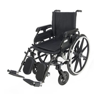 The Proactive Chariot IV XTC Wheelchair with Adjustable Seat Depth is black, lightweight, and features large rear wheels, small front wheels, padded seat and backrest, armrests, and adjustable forward footrests.