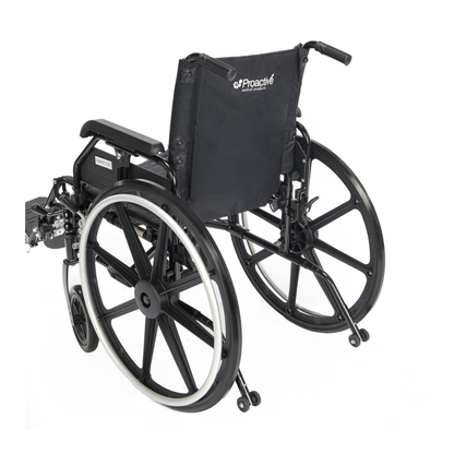 A black Proactive Chariot IV XTC Wheelchair with Adjustable Seat Depth, shown from the back and side, features large rear wheels, small front casters, armrests, and a Proactive logo on the backrest.
