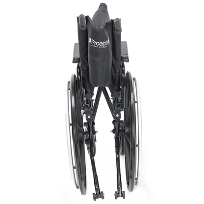A folded Proactive Chariot IV XTC Wheelchair with Adjustable Seat Depth is shown from the rear, displaying its black design, branded backrest, large rear wheels, and footrests for convenient storage or transport.