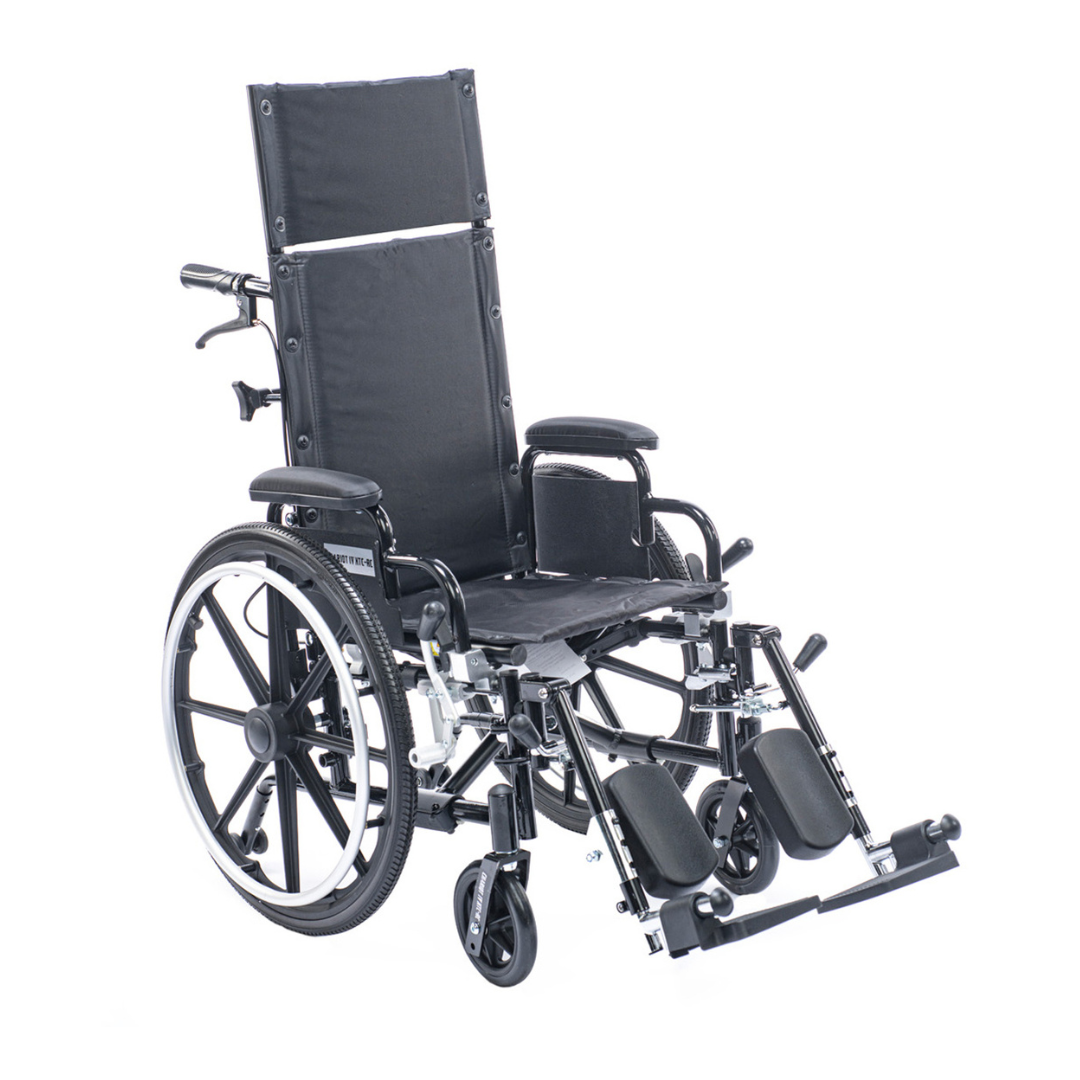 The Proactive Chariot IV XTC-RC Pediatric Folding Reclining Wheelchair, in black with a carbon steel frame, features large rear wheels, footrests, an extended high backrest, padded headrest and armrests, and adjustable leg supports.