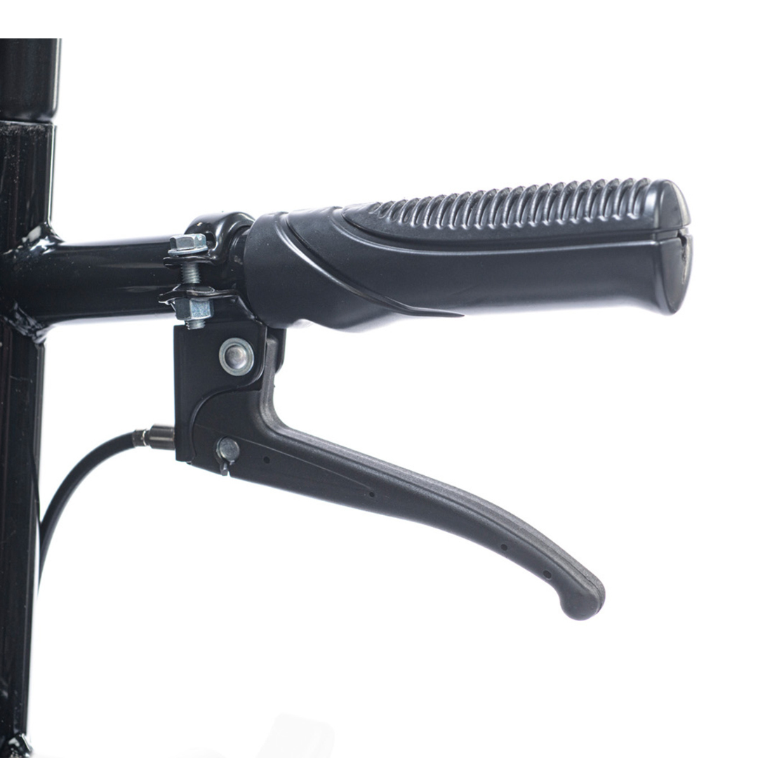 Close-up of a black handlebar grip with textured surface and brake lever, as seen on the Proactive Chariot IV XTC-RC Pediatric Folding Reclining Wheelchair with carbon steel frame, set against a white background.