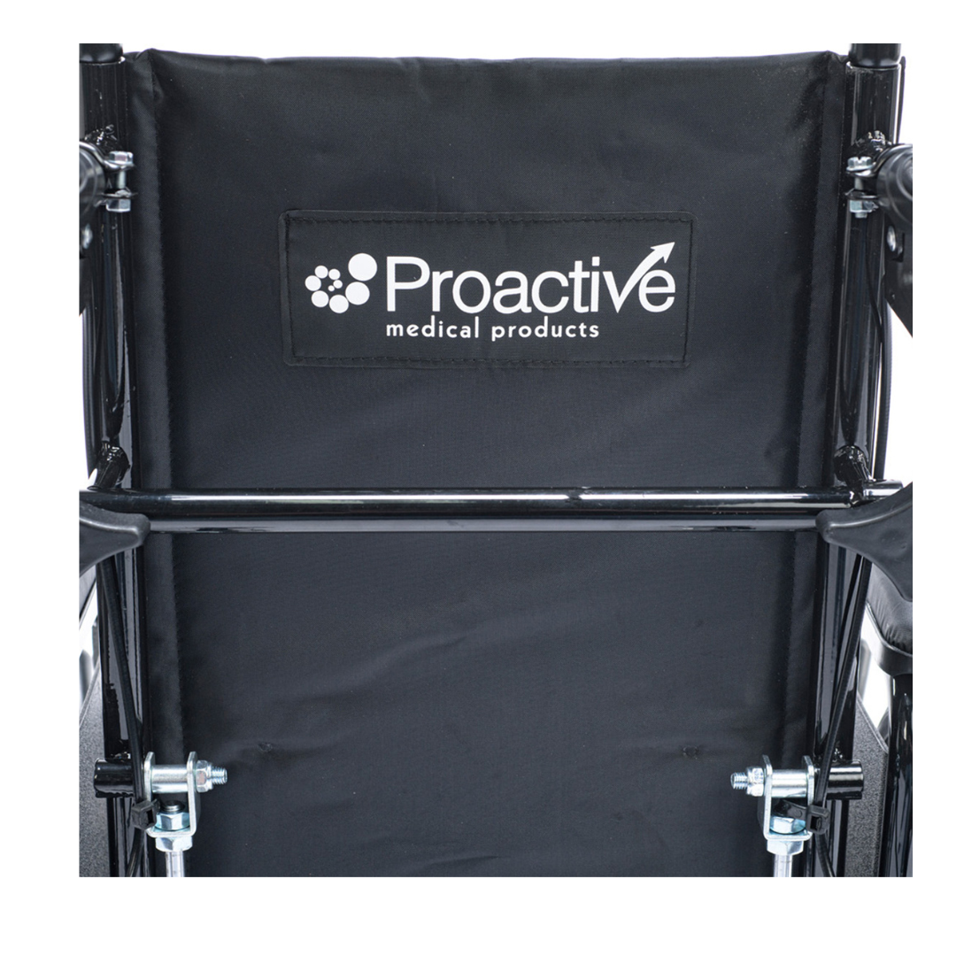 Rear view of the Proactive Chariot IV XTC-RC Pediatric Folding Reclining Wheelchair, featuring a black carbon steel frame and the Proactive Medical Products logo in white on the backrest.