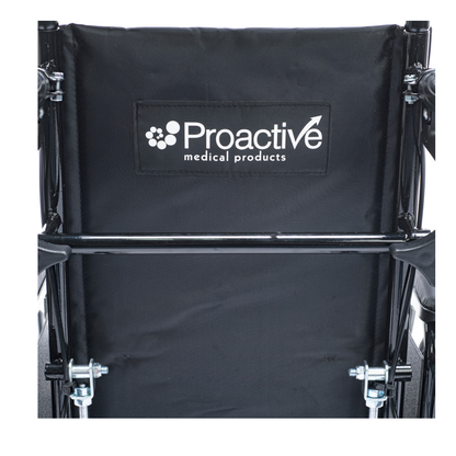 Rear view of the Proactive Chariot IV XTC-RC Pediatric Folding Reclining Wheelchair, featuring a black carbon steel frame and the Proactive Medical Products logo in white on the backrest.