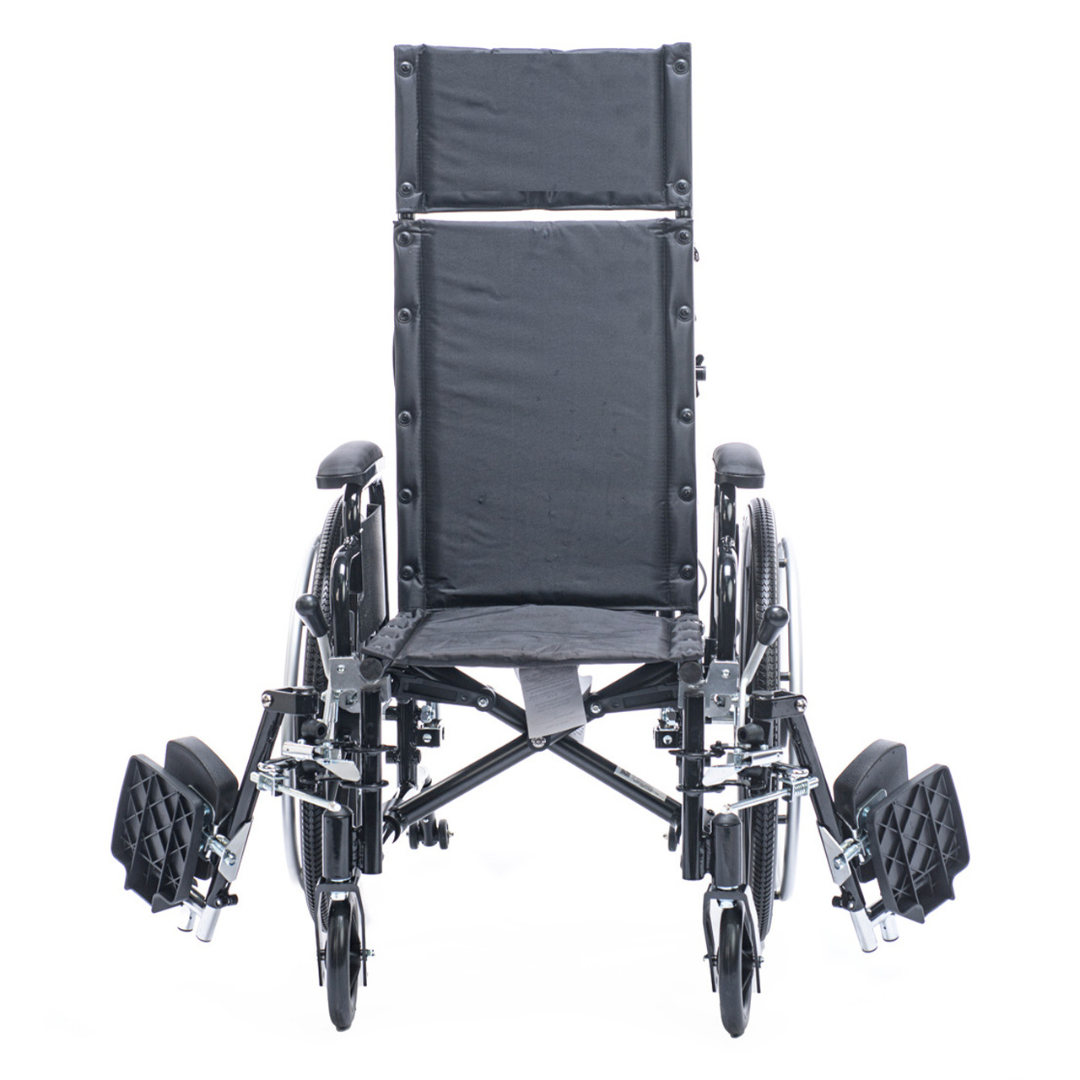The Proactive Chariot IV XTC-RC Pediatric Folding Reclining Wheelchair, in black, has a high backrest, padded seat, armrests, adjustable footrests, and a carbon steel frame. Shown against a white background.