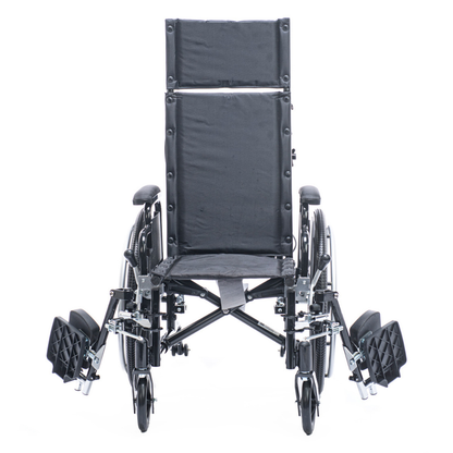 The Proactive Chariot IV XTC-RC Pediatric Folding Reclining Wheelchair, in black, has a high backrest, padded seat, armrests, adjustable footrests, and a carbon steel frame. Shown against a white background.