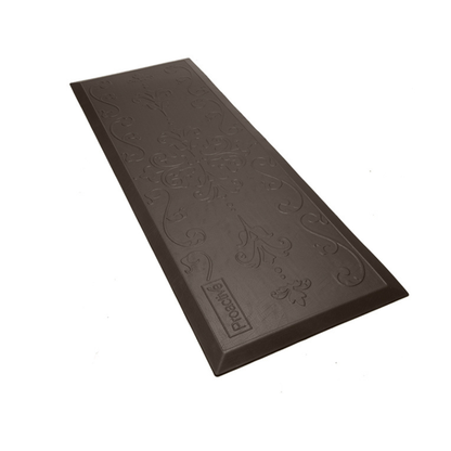 The Proactive Protekt® Beveled Fall Cushioned Floor Mat is a rectangular, dark-colored, low profile mat with an embossed pattern and a small Prochef label in one corner. Designed for impact resistance, it’s shown on a white background.
