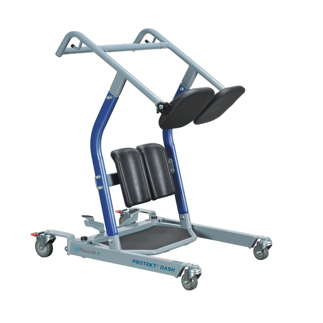 The Proactive Protekt® Dash Sit-To-Stand Transfer Aid is a blue and gray device with padded leg and back supports, hand grips, and four caster wheels designed to assist safe, comfortable patient transfers.