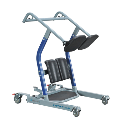 The Proactive Protekt® Dash Sit-To-Stand Transfer Aid is a blue and gray device with padded leg and back supports, hand grips, and four caster wheels designed to assist safe, comfortable patient transfers.