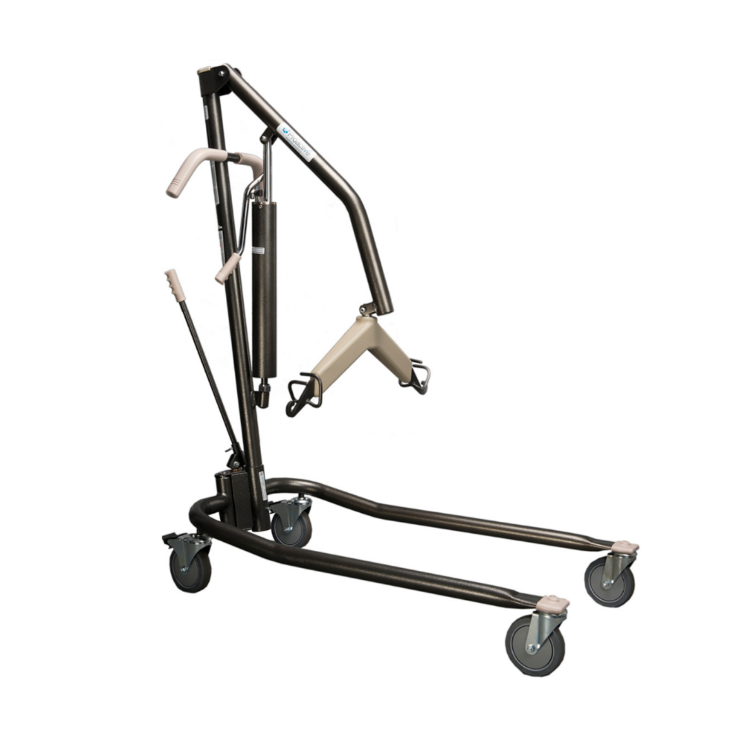 The Proactive Protekt® Onyx Hydraulic Patient Lift is a black and silver lift with four caster wheels, a lifting arm, and handles, designed for home-care patient transfers. It supports individuals up to 450 lbs.