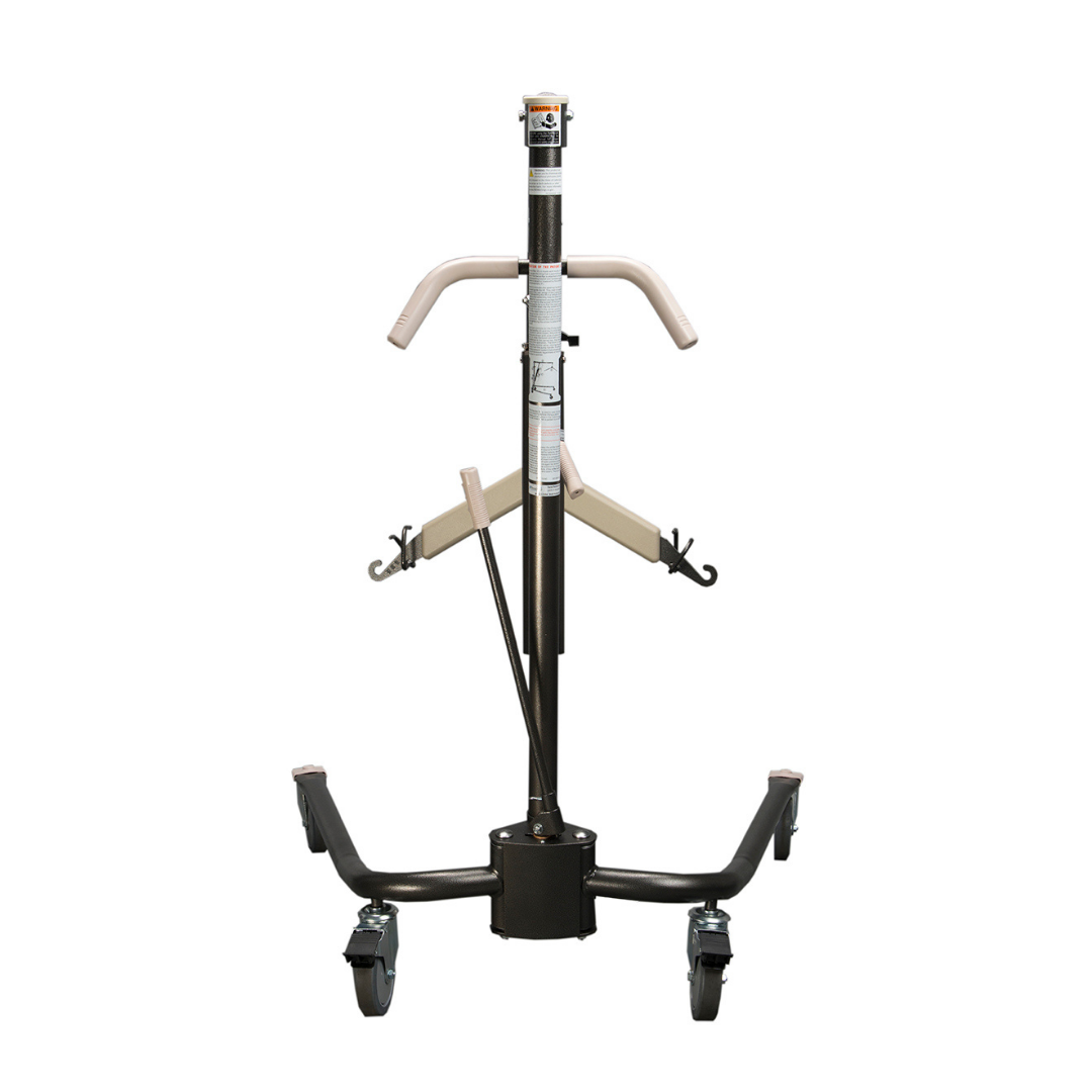 The Proactive Protekt® Onyx Hydraulic Patient Lift features a front view with wheels, two side handles, a central column, and two sling hooks. Designed for home-care use, it supports up to 450 lbs and has four caster wheels for easy mobility.