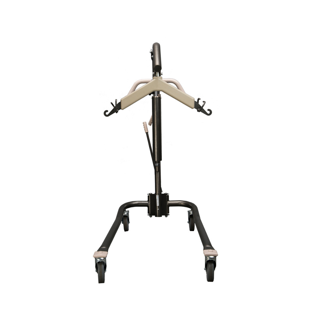 The Proactive Protekt® Onyx Hydraulic Patient Lift features a sturdy metal frame, wide base, four caster wheels, and padded handles—ideal for home care patient transfers and supports up to 450 lb.