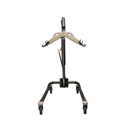 The Proactive Protekt® Onyx Hydraulic Patient Lift features a sturdy metal frame, wide base, four caster wheels, and padded handles—ideal for home care patient transfers and supports up to 450 lb.