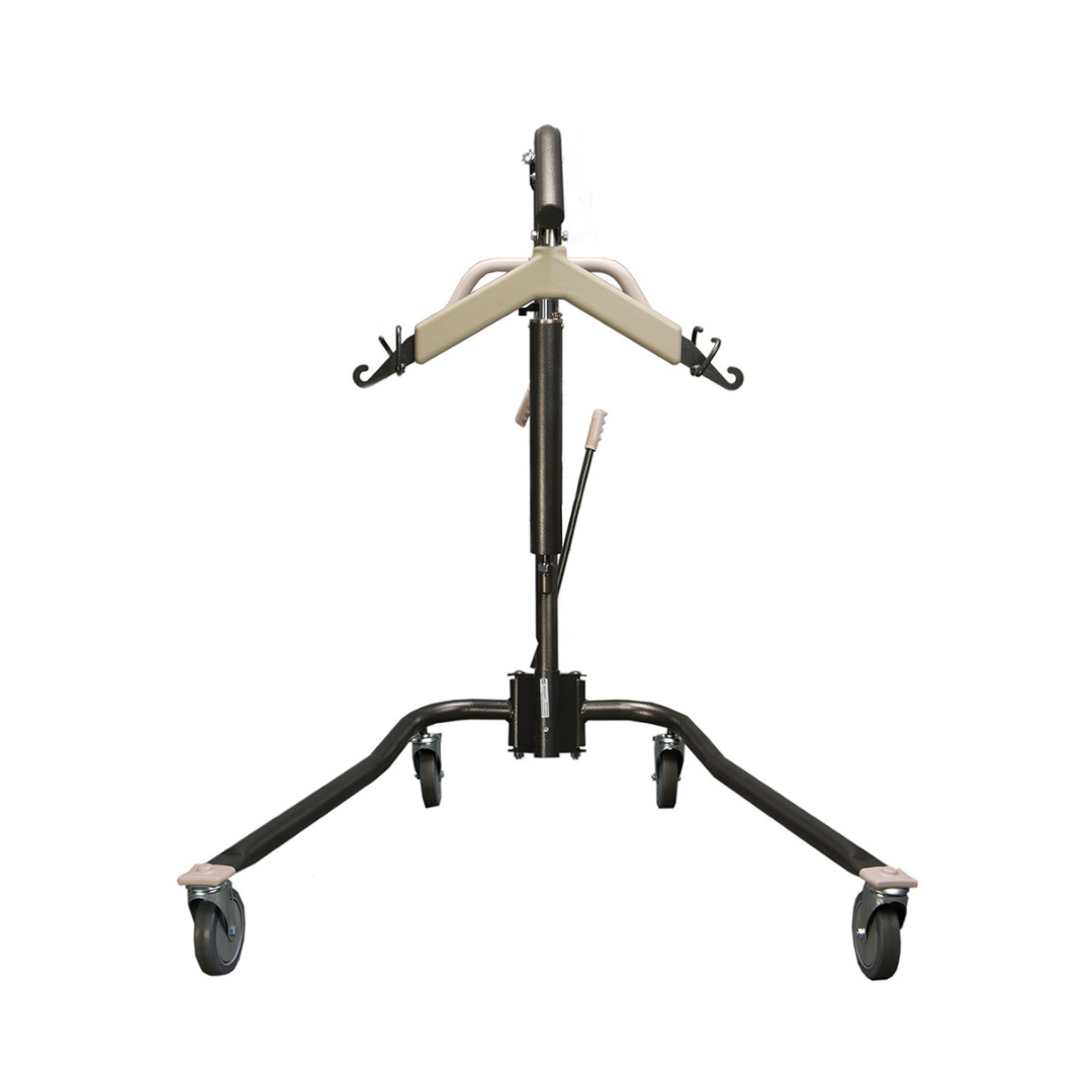The Proactive Protekt® Onyx Hydraulic Patient Lift features a black base, beige arms, and four wheels. Shown from the front on a white background, it supports up to 450 lbs and is ideal for home care patient transfers.