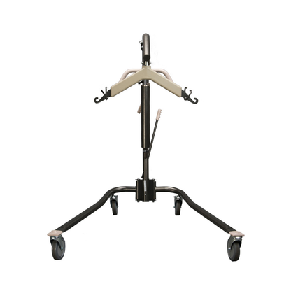 The Proactive Protekt® Onyx Hydraulic Patient Lift features a black base, beige arms, and four wheels. Shown from the front on a white background, it supports up to 450 lbs and is ideal for home care patient transfers.