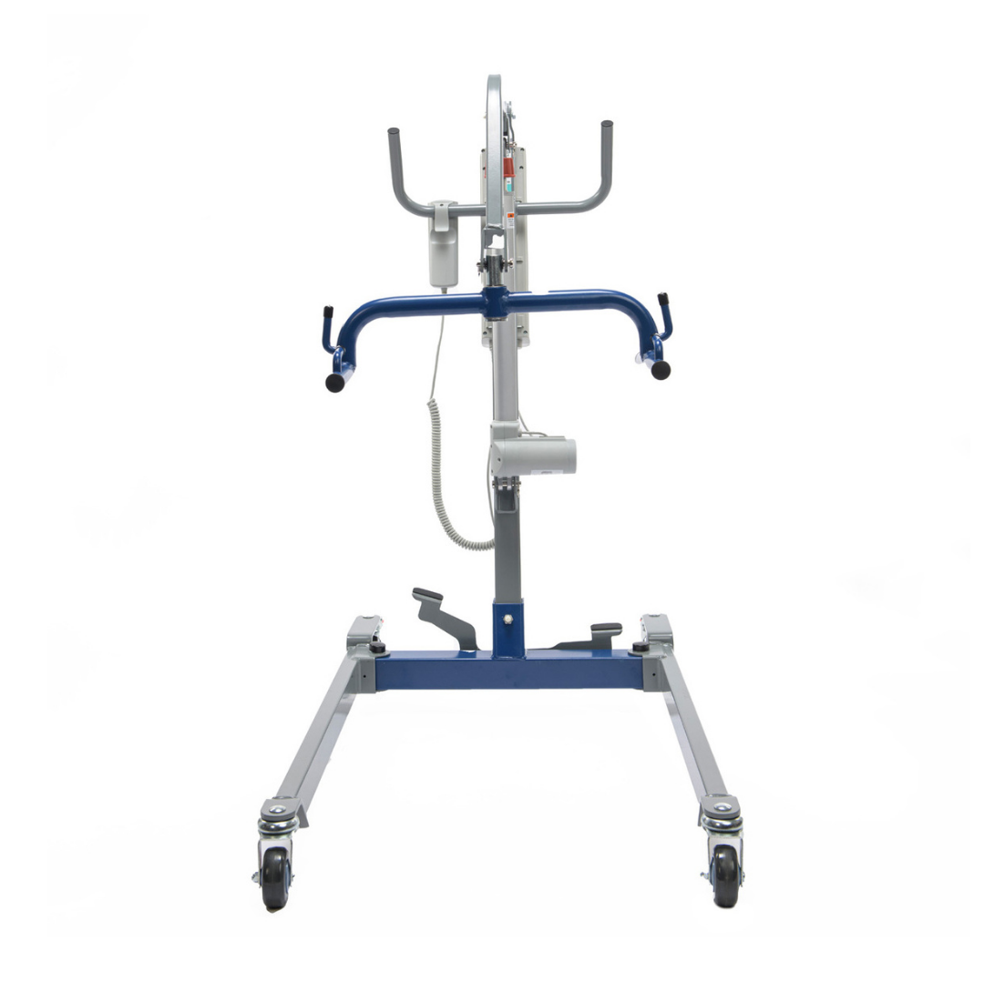 The Proactive Protekt® Transformer Hydraulic or Powered Patient Lift features a blue and gray frame, two handles, a white circular top component, and four wheels—ideal for homecare patient transfer and mobility assistance.