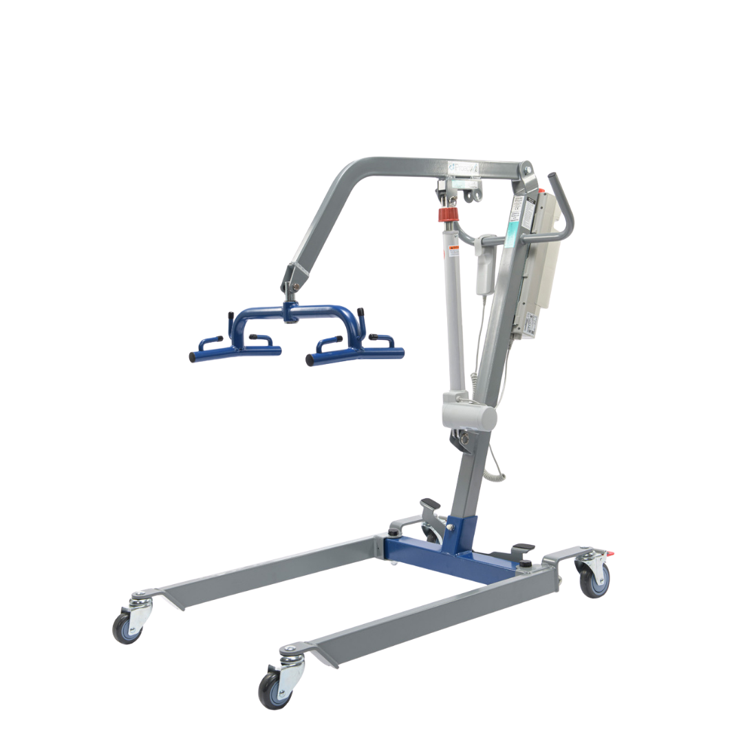 The Proactive Protekt® Transformer Patient Lift features a gray and blue frame, four caster wheels, an adjustable arm with blue sling attachment, and offers safe homecare transfers using a reliable hydraulic or powered pump system.