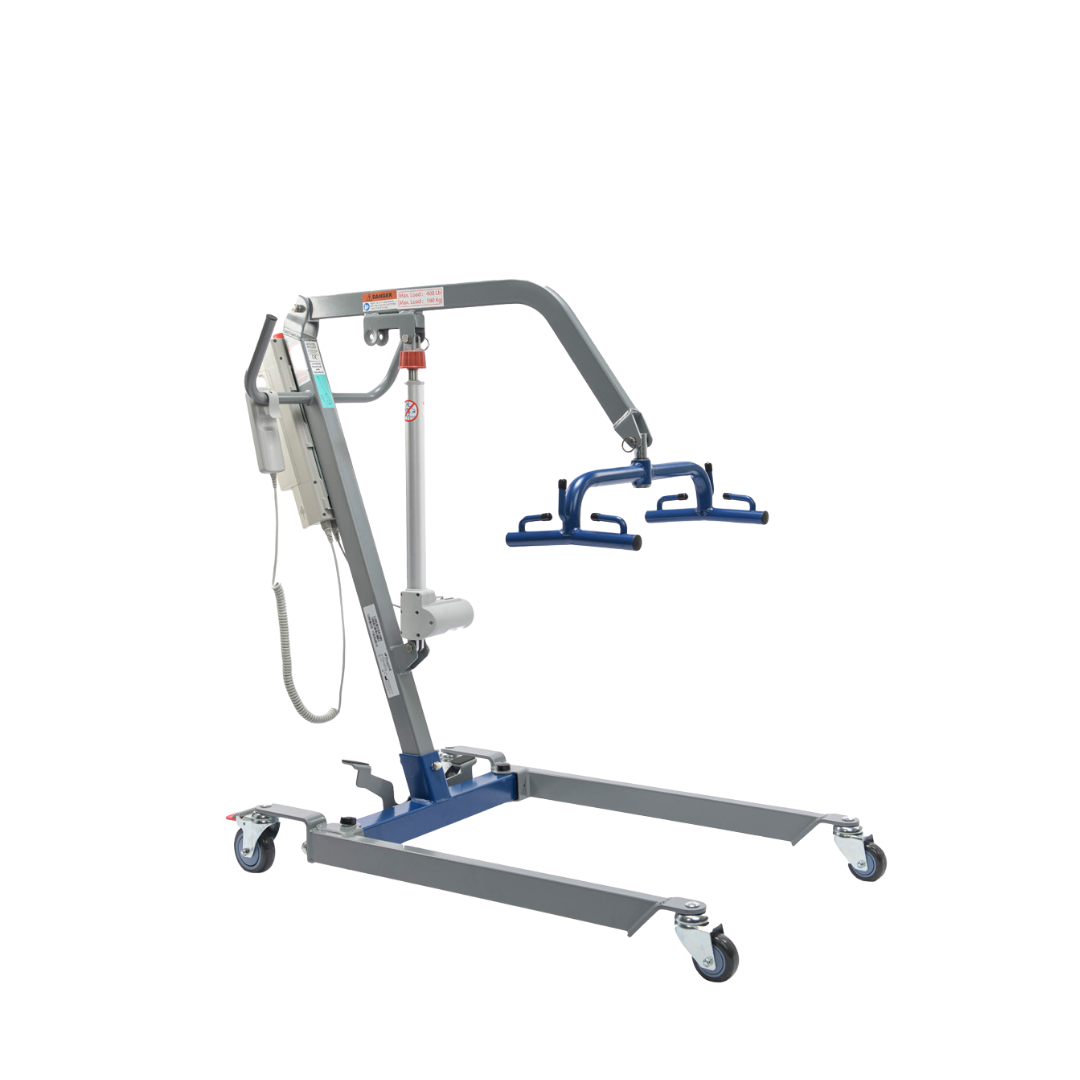 The Proactive Protekt® Transformer Hydraulic or Powered Patient Lift, featuring wheels, a gray metal frame, electronic controls, and a blue sling attachment, provides safe homecare transfers for people with limited mobility. Shown on a white background.
