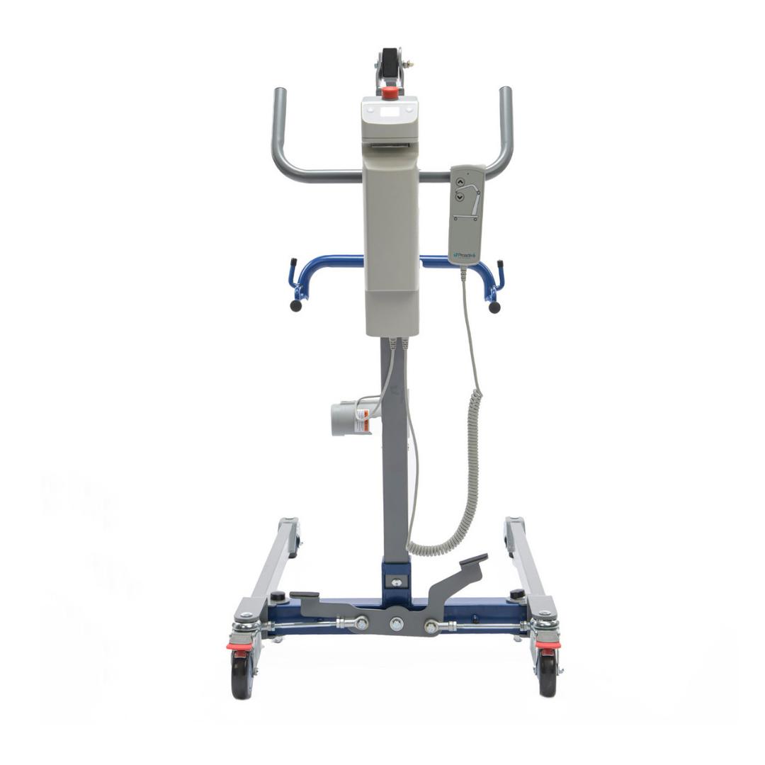 Front view of the Proactive Protekt® Transformer Hydraulic or Powered Patient Lift, featuring wheels, metal frame, handrails, and a wired remote control for safe homecare patient transfer and mobility assistance.