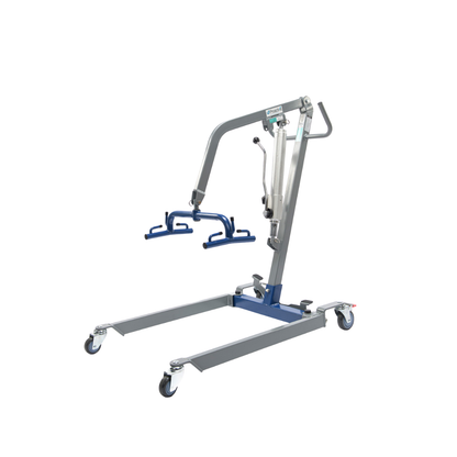 The Proactive Protekt® Transformer Hydraulic or Powered Patient Lift is a silver and blue homecare lift with four wheels, adjustable arms, curved handles, sturdy frame, and a reliable hydraulic pump system for safe patient mobility.