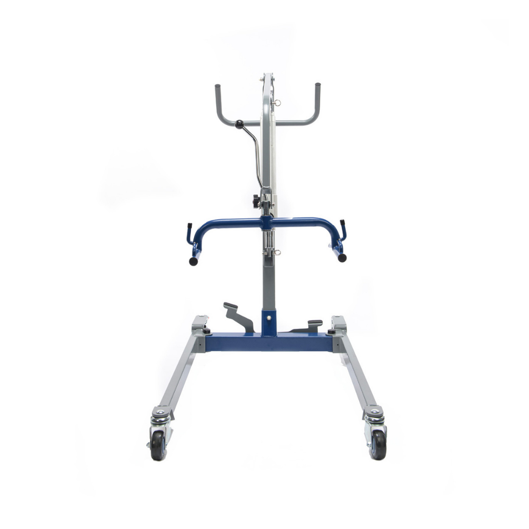 The Proactive Protekt® Transformer Hydraulic or Powered Patient Lift, featuring four caster wheels, a blue horizontal support bar, adjustment handles, and an upright central post, is shown against a white background.